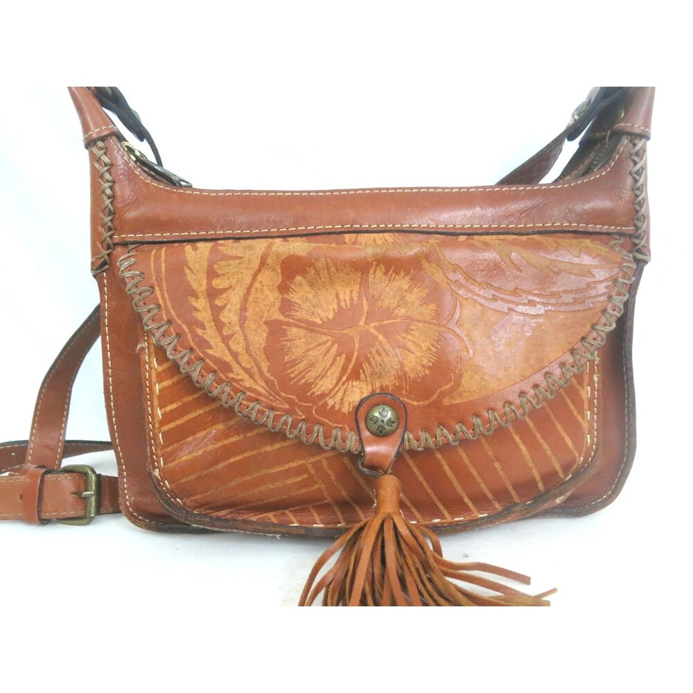 Vintage Patricia Nash Brown Leather Purse Quality Crossbody Floral Tassel Purse - Picture 2 of 7
